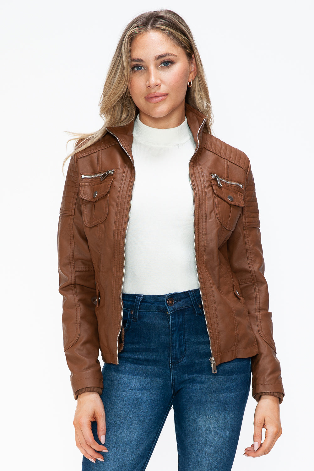 Ymi Removable Faux Layered Multi Pocket Jacket With Fuzzy Hood 2