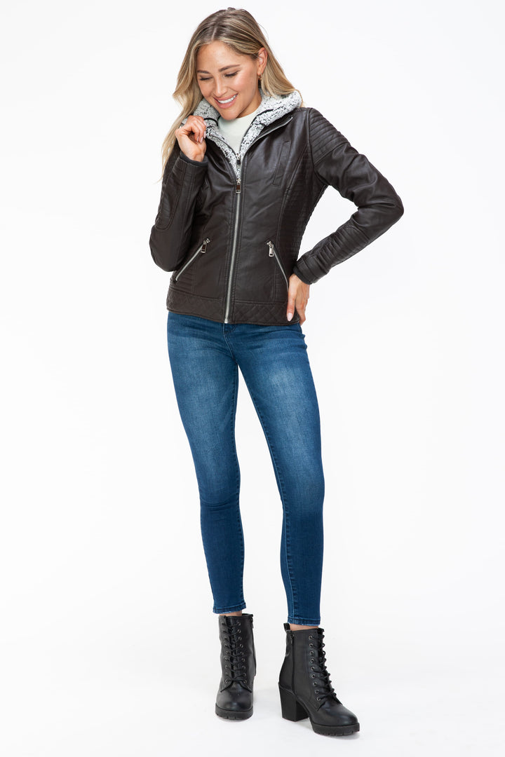 Ymi Faux Layered Double Zipper Jacket With Fuzzy Hood