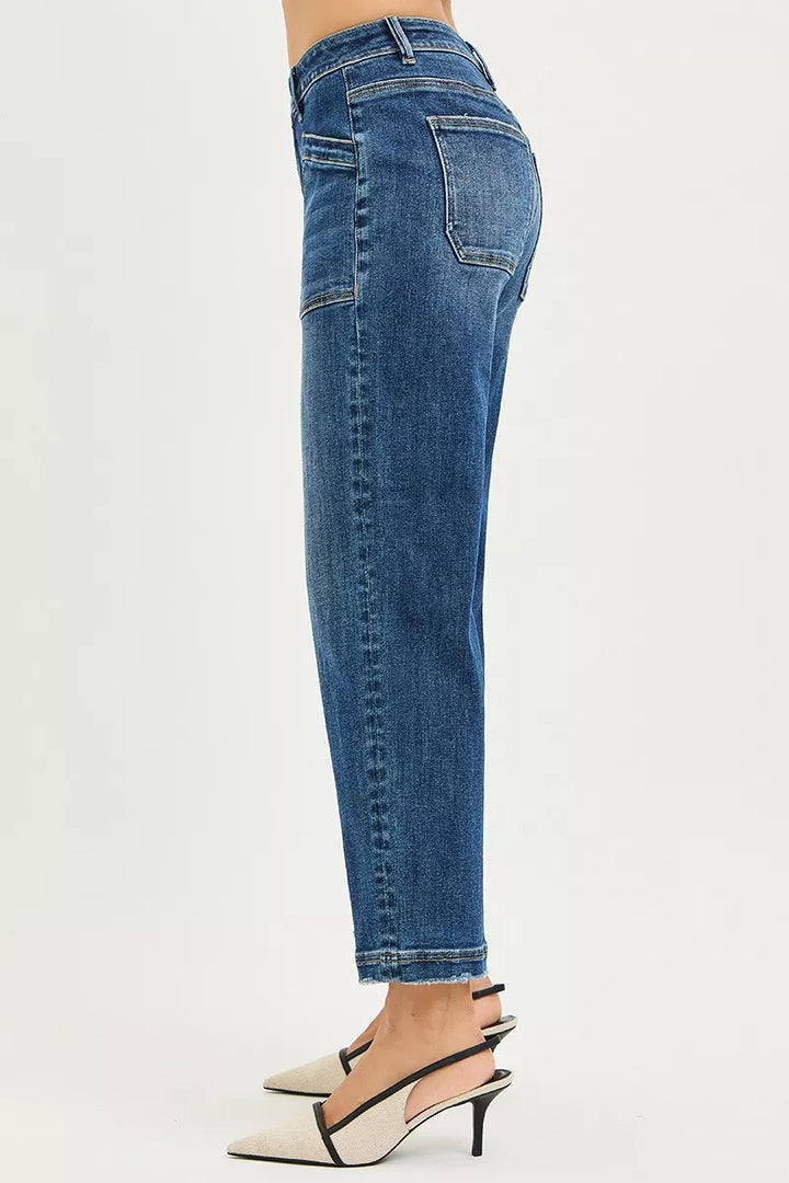 Dark Risen Slouchy Cropped Baggy Jeans With Front Patch Pocket