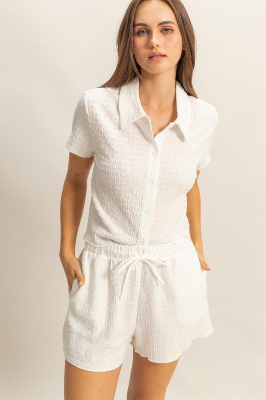 White Hyfve Textured Short Sleeve Top And Drawstring Shorts Knit Set