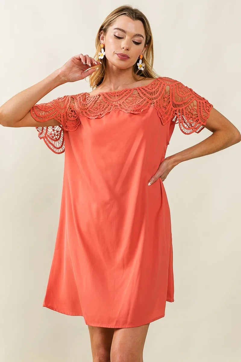 Apricot Bibi Crochet Lace Yoke Detailed Wrinkled Dress
