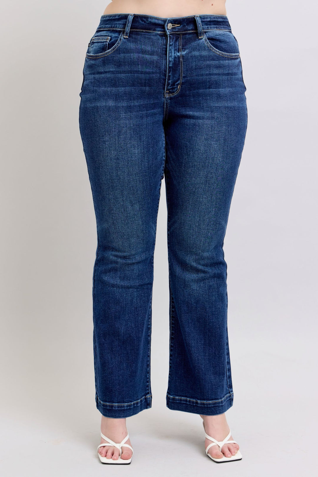Dark Judy Blue Full Size High Rise Flare Jeans With Pockets Plus Size