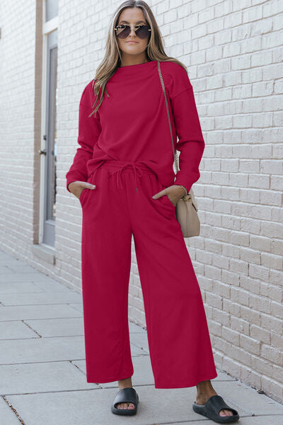 Hot Pink Double Take Full Size Textured Long Sleeve Top And Drawstring Pants Set