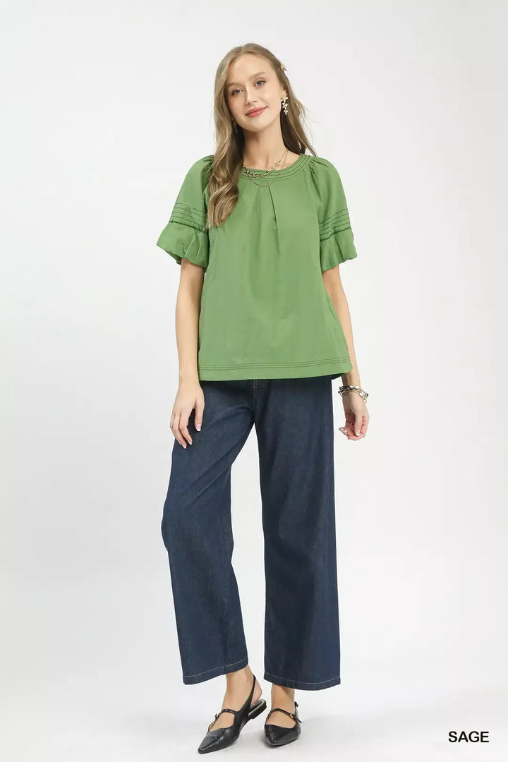 Umgee Round Neck Puff Sleeve Top With Contrast Stitch Detail 1