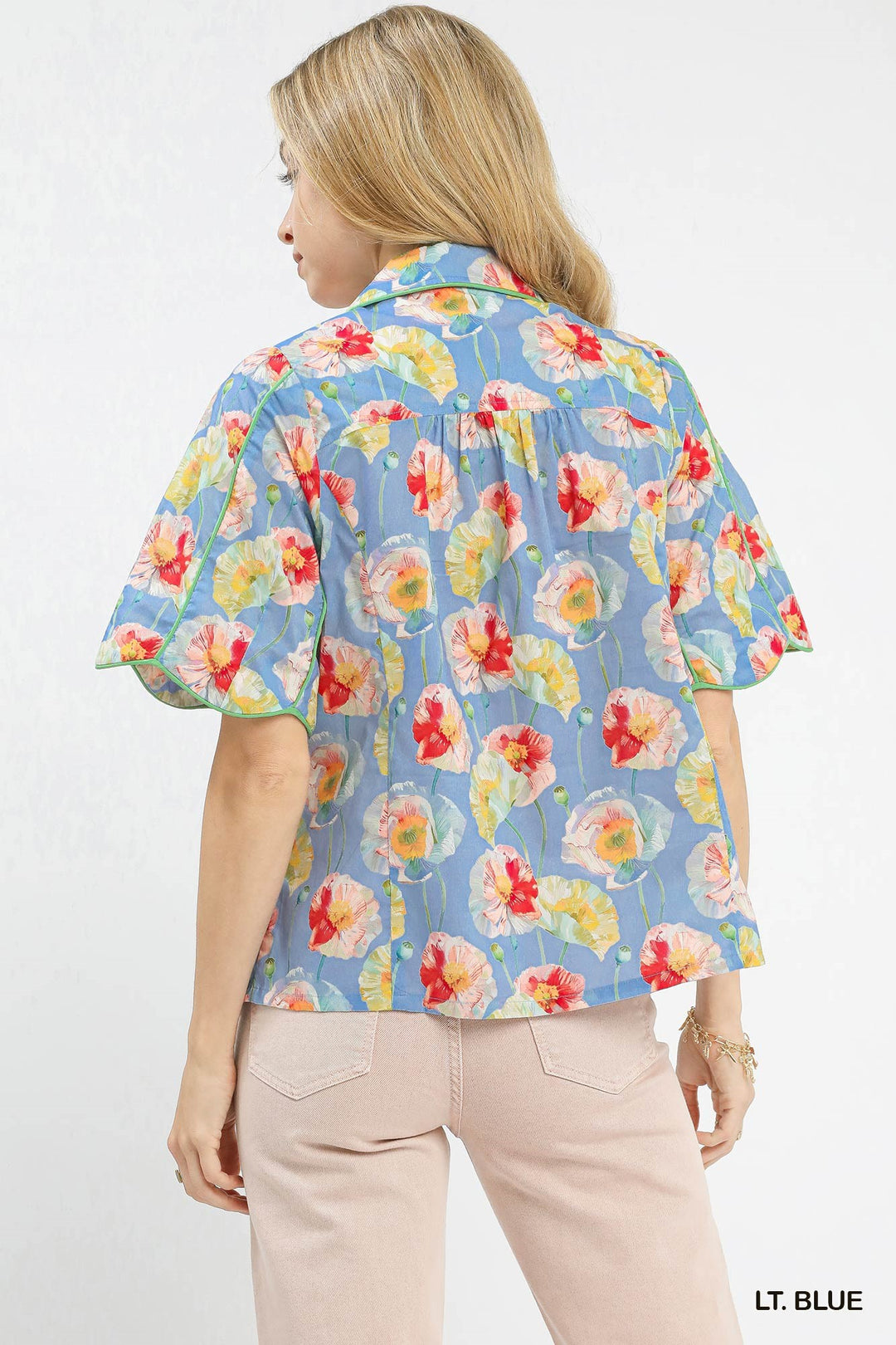 Lt. Blue Umgee Floral Print Button Down Blouse With Flutter Sleeves