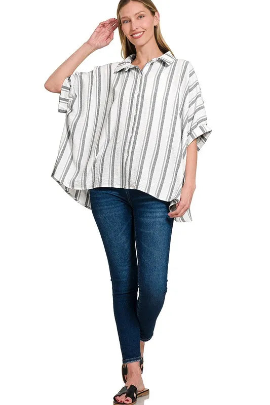 Zenana Woven Yarn Dye Stripe Oversized Button Down Shirt 1