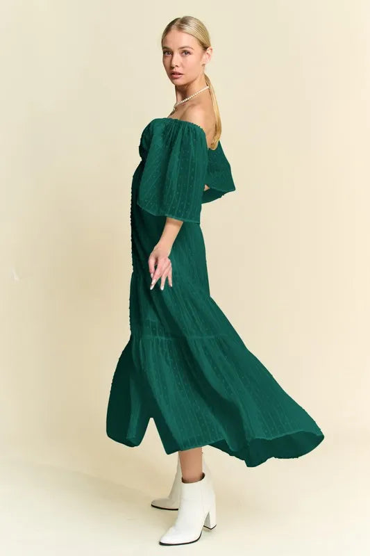 Forest Green Davi Dani Swiss Dotted Ruched Ruffle Open Back Midi Dress 1