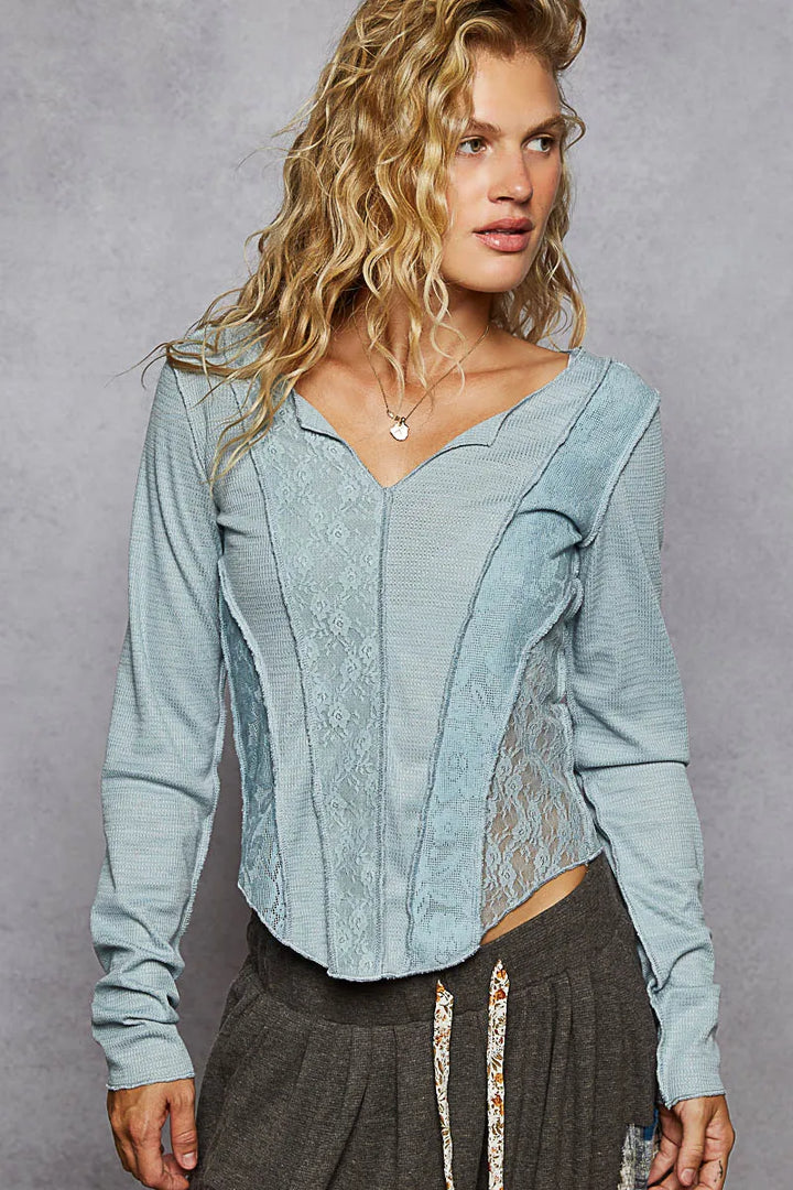 Air Force Blue Pol Lace Patchwork Long Sleeve T Shirt