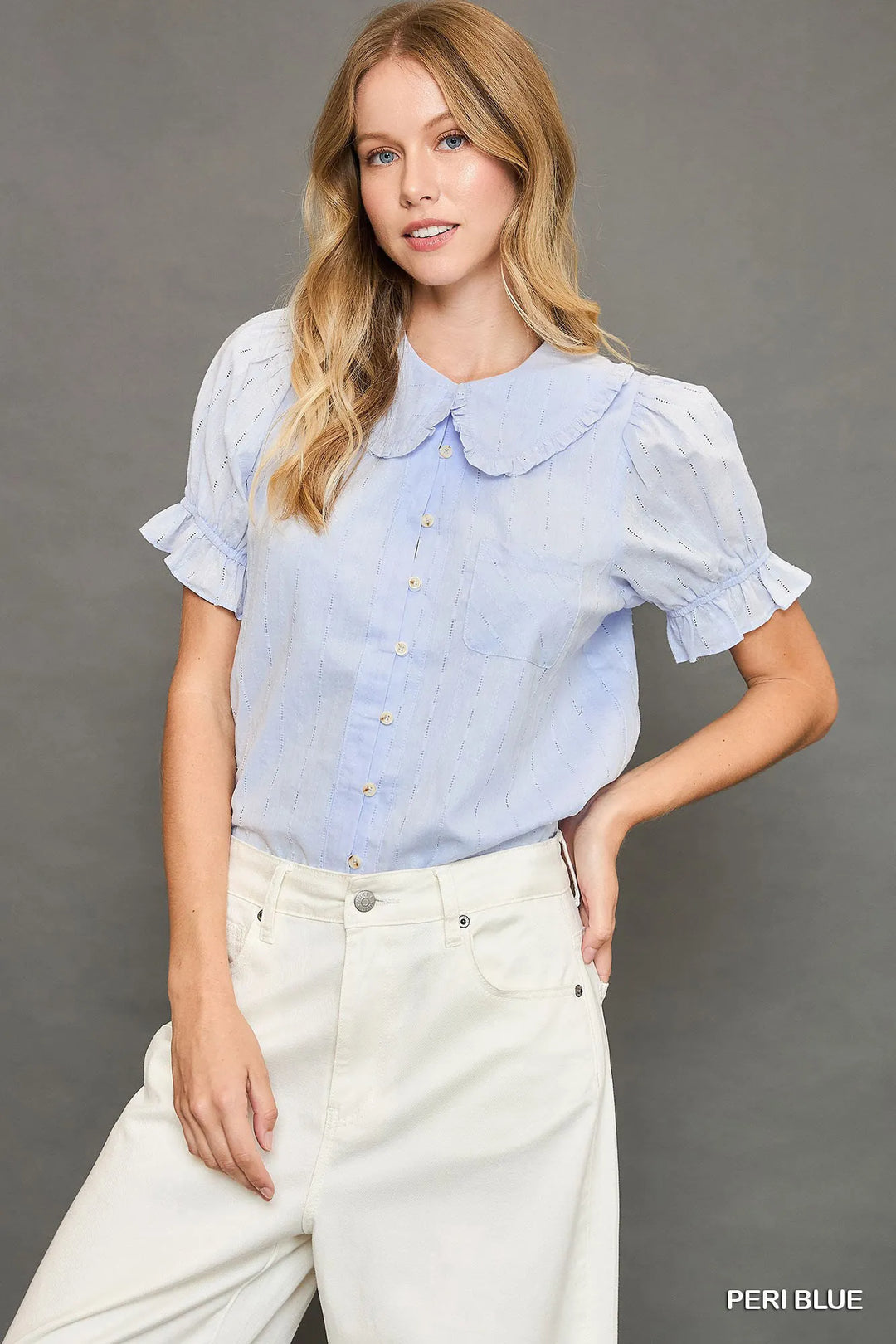 Peri Blue Umgee Peter Pan Collared Button Down Textured Shirt With Ruffled Detail