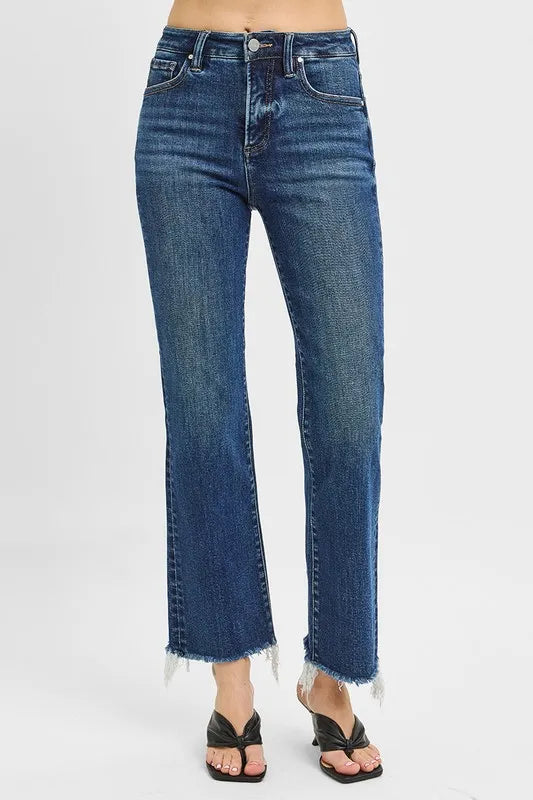 Dark Risen Tummy Control High Rise Crop Straight Raw Cut Hem Jeans