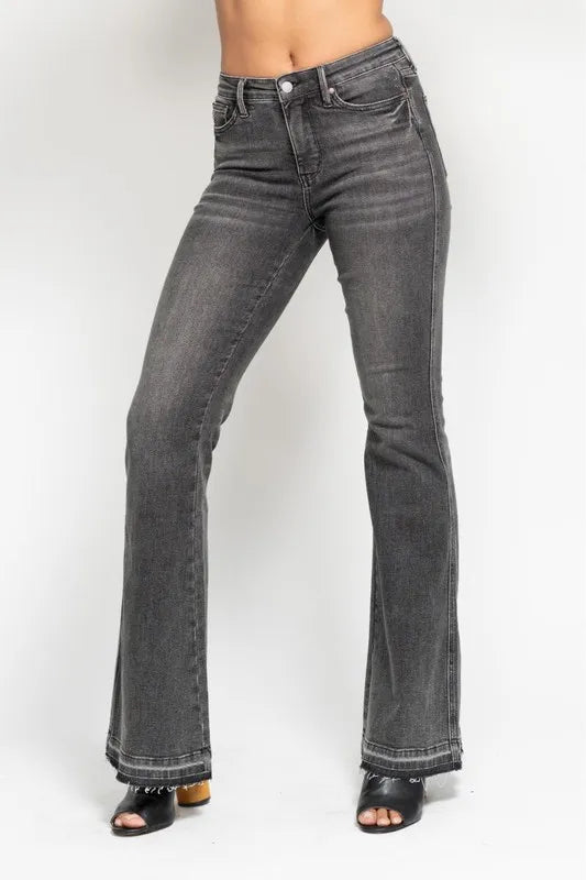 Gry Judy Blue Full Size Mid Rise Tummy Control Washed Gray Release Hem Flare Jeans Plus Size
