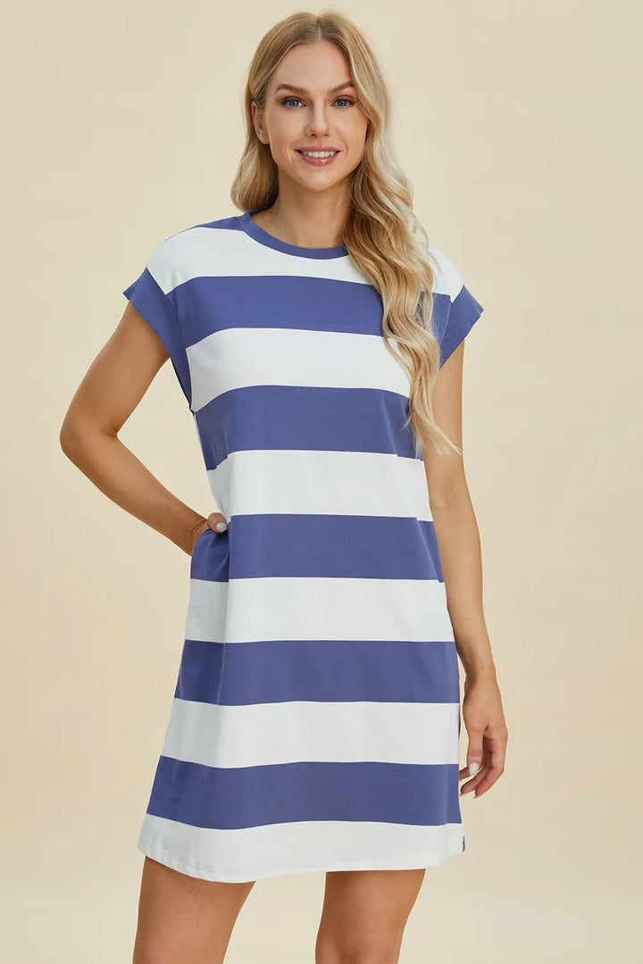 Dusty Blue Basic Bae Full Size Striped Round Neck Cap Sleeve Mini Dress