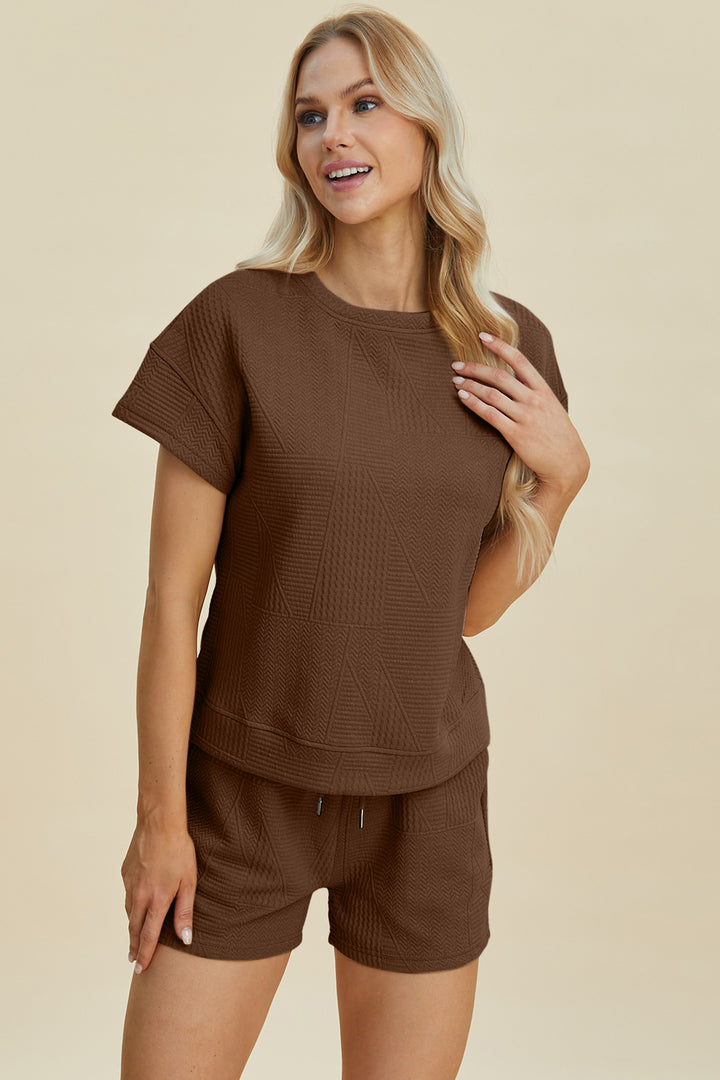 Cerulean Double Take Full Size Texture Short Sleeve Top And Shorts Set