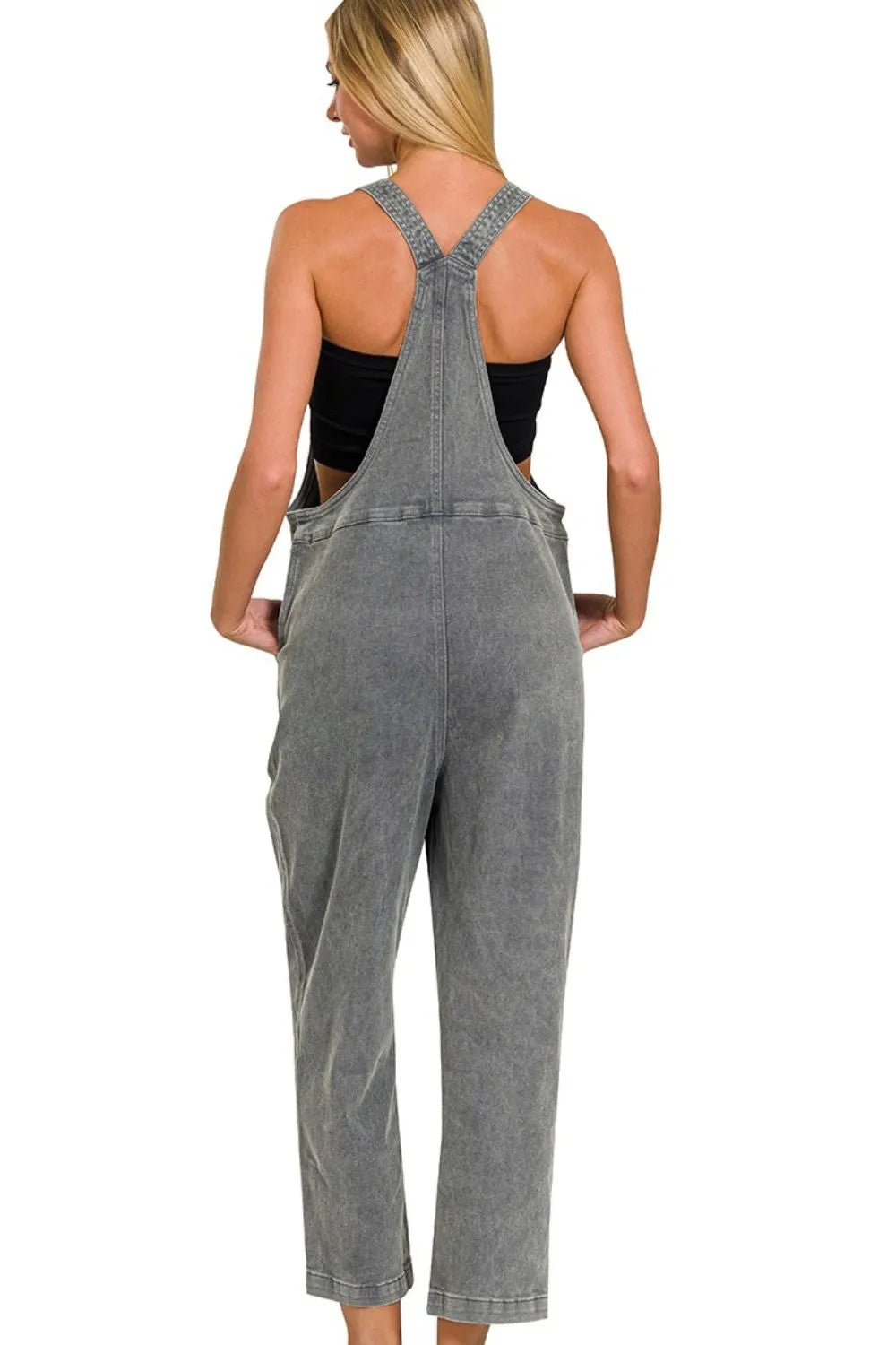 Ash Black Zenana Washed Knot Strap Relaxed Fit Overalls 3