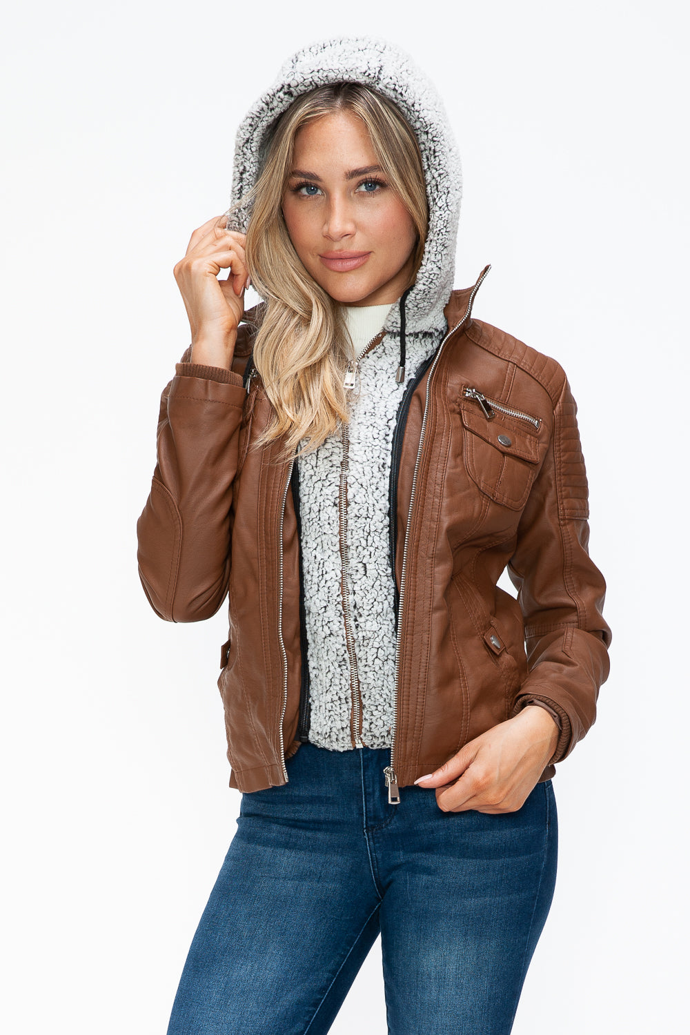 Ymi Removable Faux Layered Multi Pocket Jacket With Fuzzy Hood 2