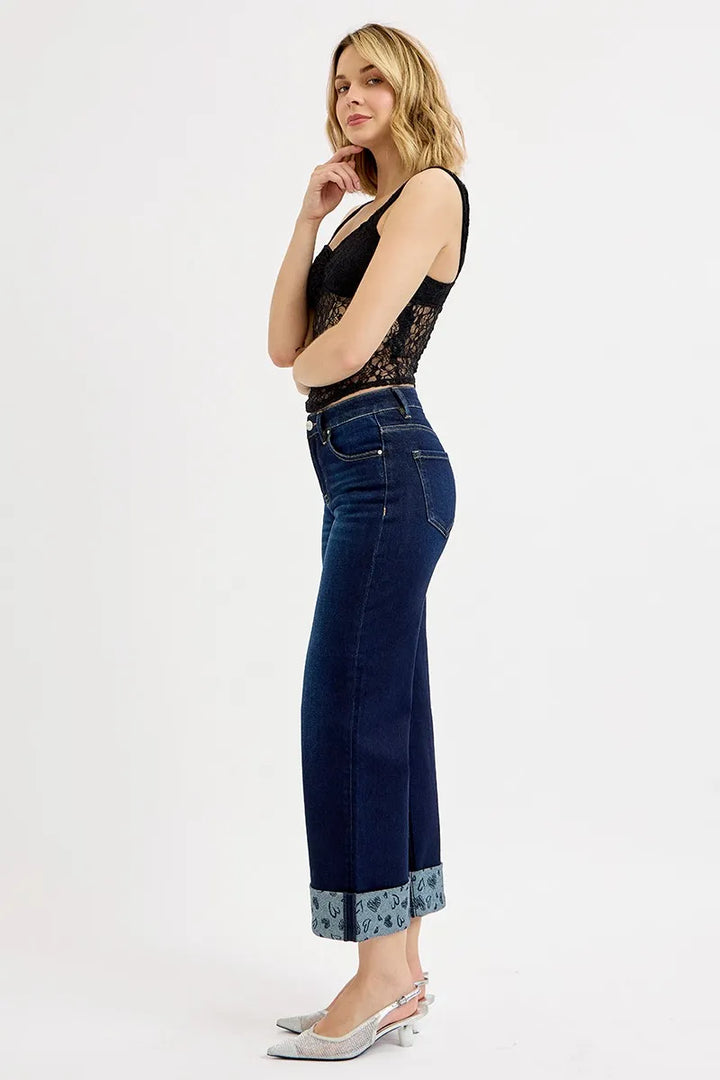 Dark Risen Full Size Mid Rise Fit Crop Wide With Printed Cuff Jeans Plus Size