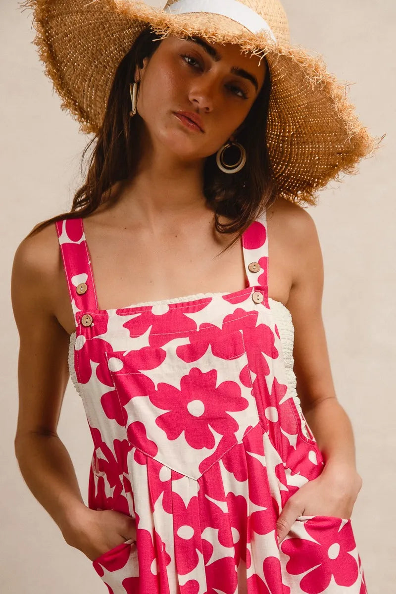 Bibi Floral Prints Tuck Detail Short Overall With Pockets
