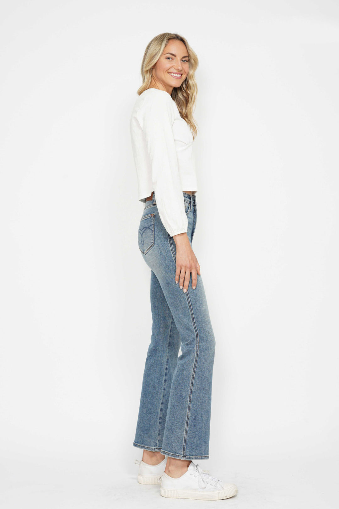 LONG INSEAM Judy Blue Full Size Tummy Control Back Embroidered Pocketed Bootcut Jeans Plus Size