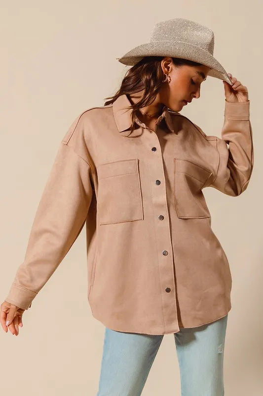 Camel So Me Faux Sued Snap Shacket With Collar And Pockets