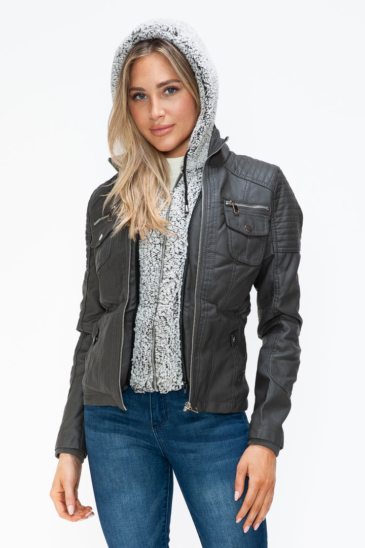 Ymi Removable Faux Layered Multi Pocket Jacket With Fuzzy Hood 1