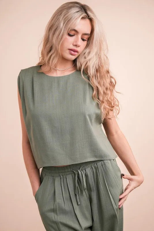 Very J Solid Woven Top Pants Set 1