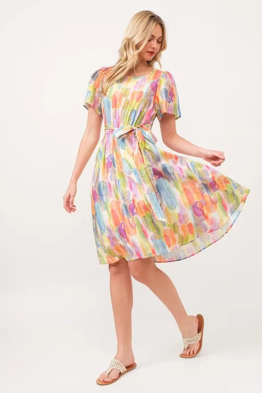 Orange Combo Lime N Chili Watercolor Print Tie Front Midi Dress