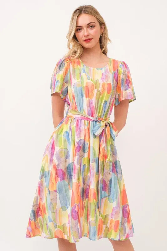 Orange Combo Lime N Chili Watercolor Print Tie Front Midi Dress