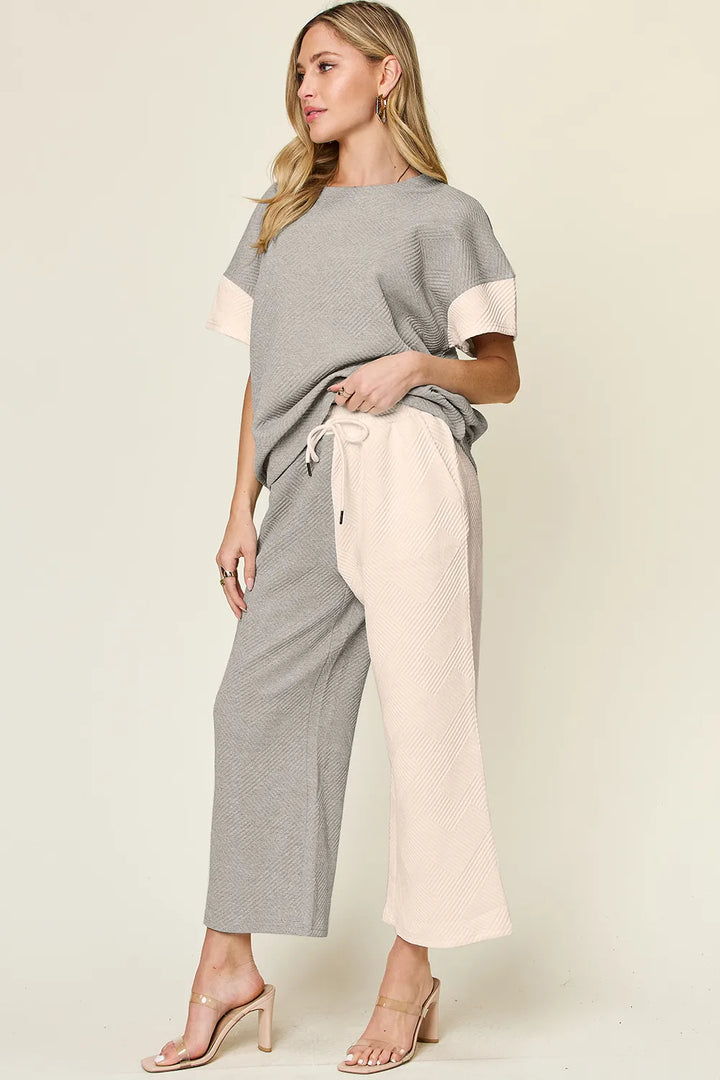 White Double Take Full Size Texture Contrast T Shirt And Wide Leg Pants Set