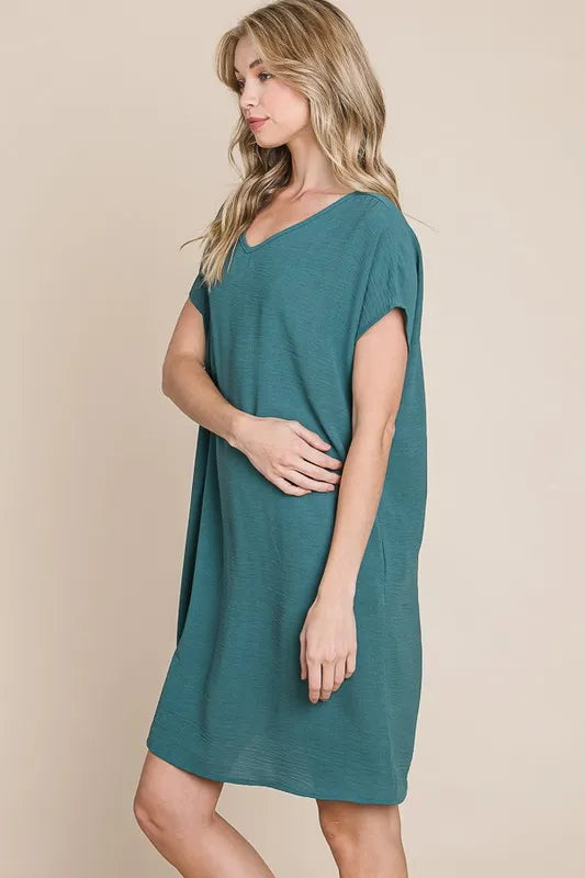 Teal Bombom V Neck Short Sleeve Dress With Pockets 2