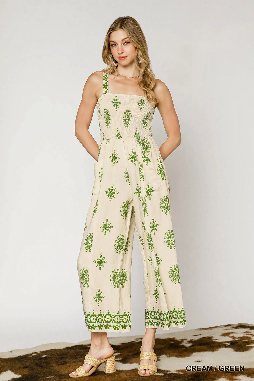 Cream / Green Umgee Smocked Printed Wide Leg Jumpsuit 1