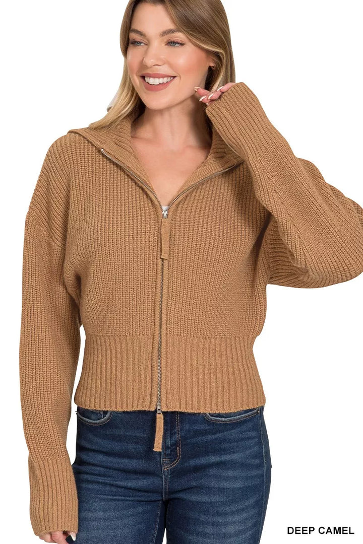 Deep Camel Zenana Ribbed Collared Zip Up Sweater Cardigan 2