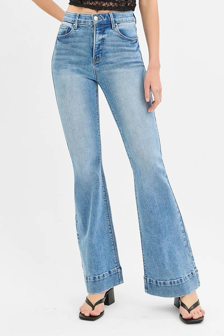 Medium Risen Full Size Tummy Control Elastic Band High Rise Flare Jeans Plus Size