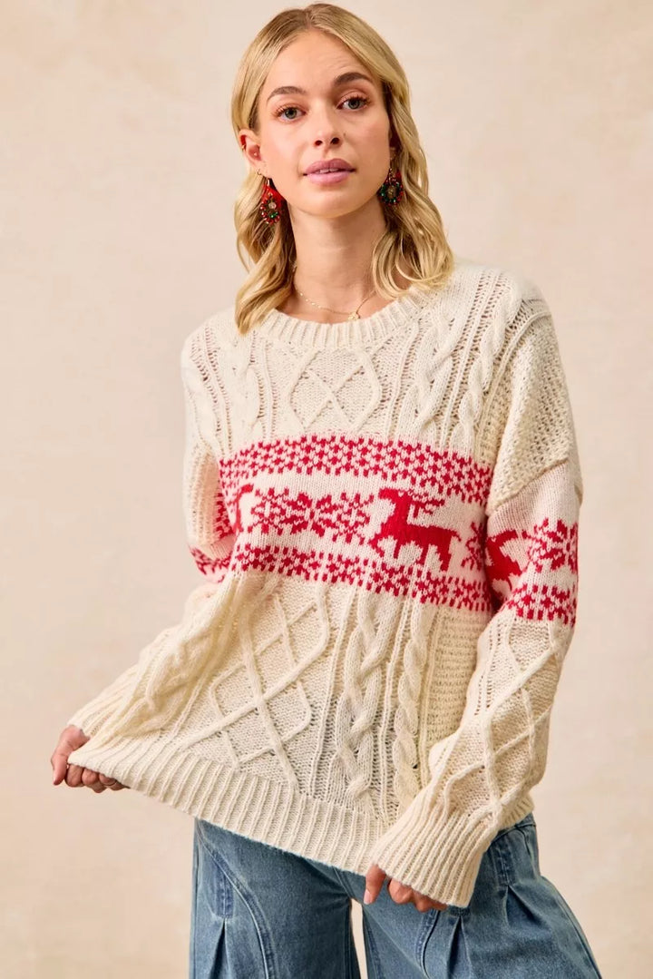 Red Bibi Christmas Theme Patterned Cable Knit Sweater