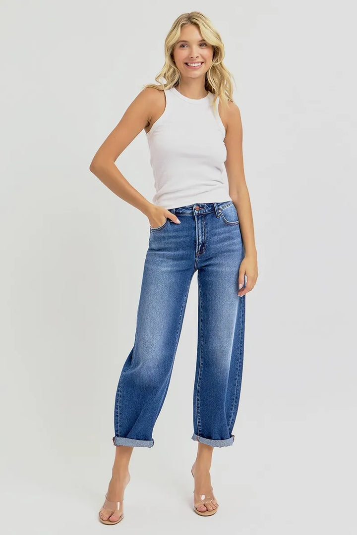 Dark Risen Full Size High Rise Crop Mild Barrel Jeans Plus Size