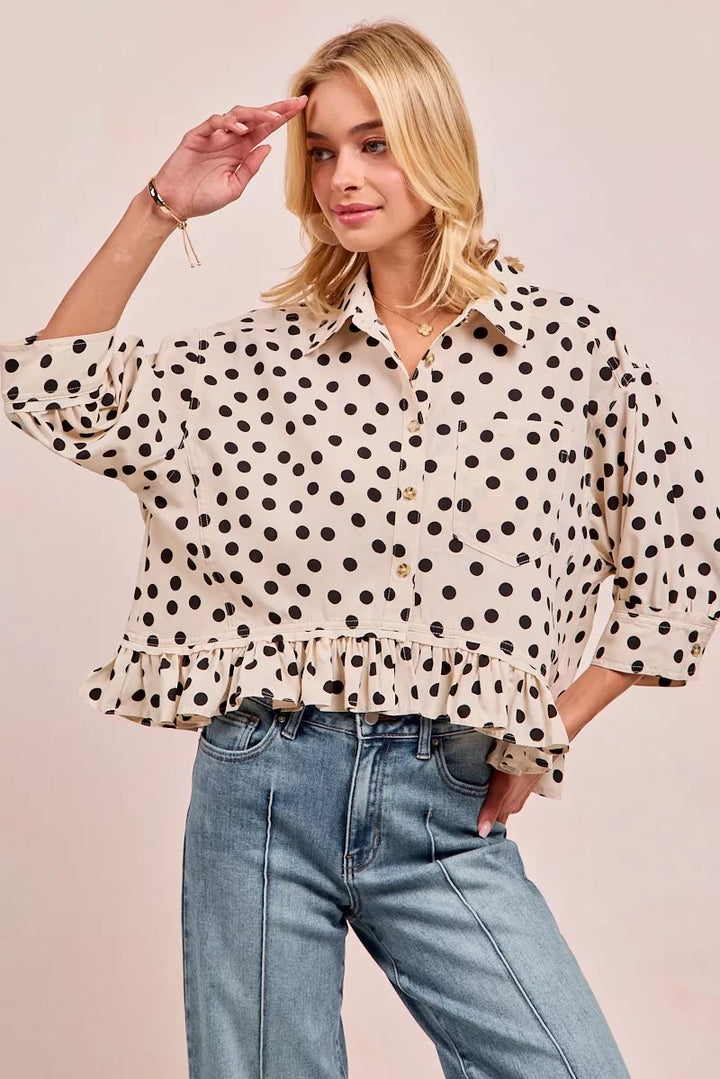 Off White/Black Bibi Polka Dot Printed Peplum Top With Front Button