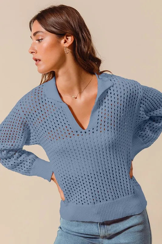 Denim So Me Open Knit Polo Sweater Top