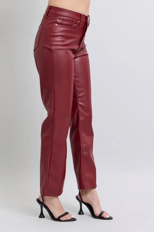 Red Judy Blue Full Size High Waist Tummy Control Faux Leather Straight Pants Plus Size