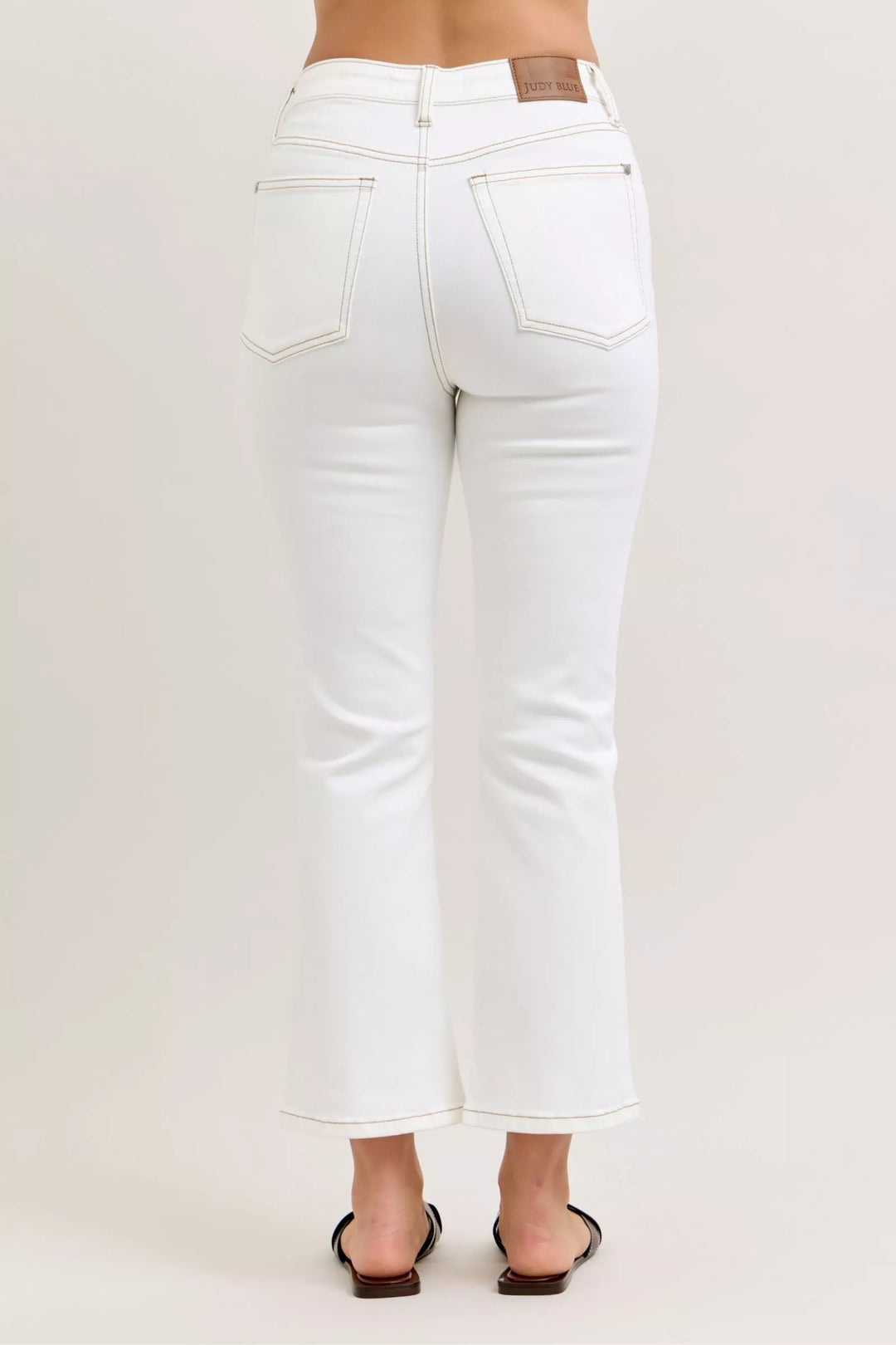 Wht Judy Blue Contrast Stitching Cropped Flare Jeans