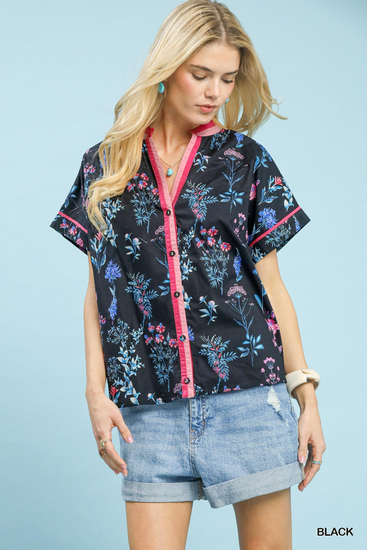 Black Umgee Botanical Floral Button Front Top