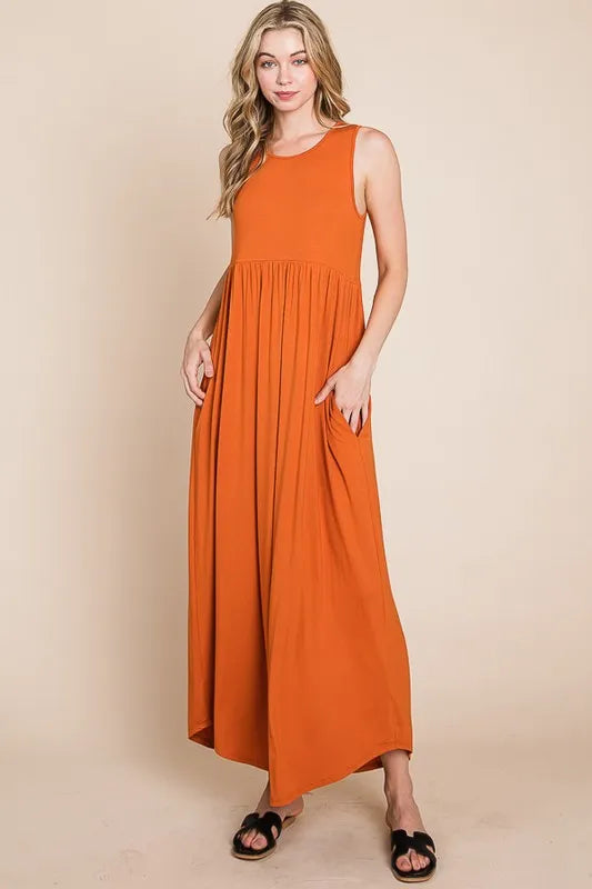 Rust Bombom Sleeveless Maxi Dress With Pockets