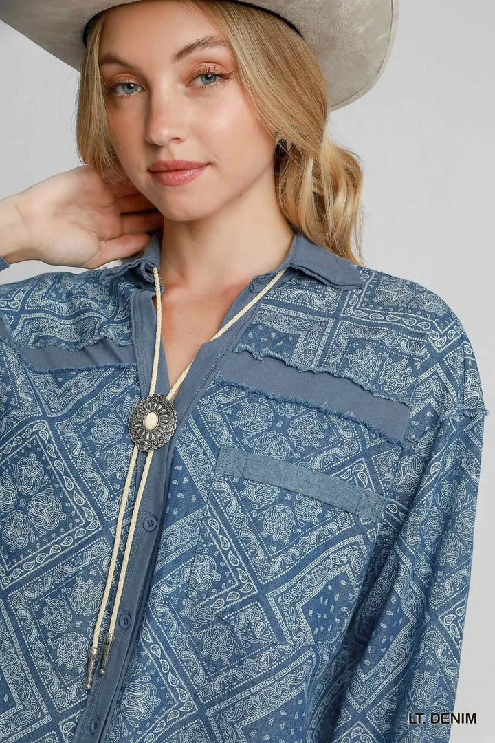 Umgee Paisley Print Denim Shirt Jacket
