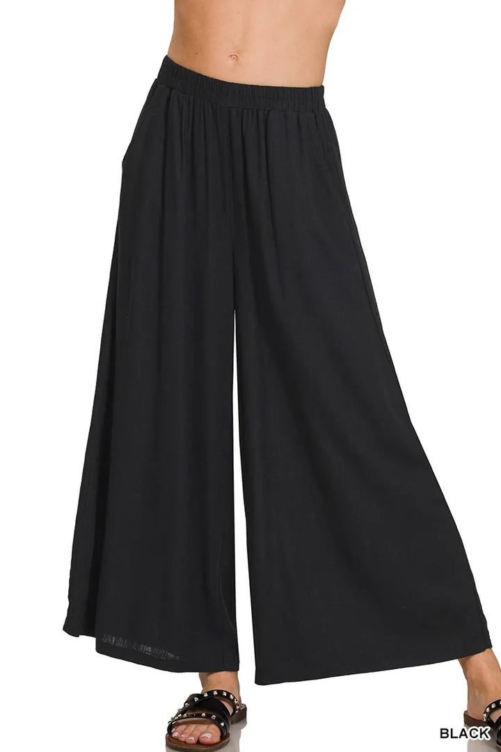 Black Zenana Woven Pleated Linen Blend Wide Leg Pants