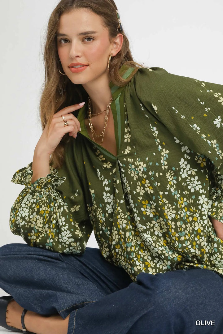 Umgee Floral Vine Print Blouse With Balloon Sleeves