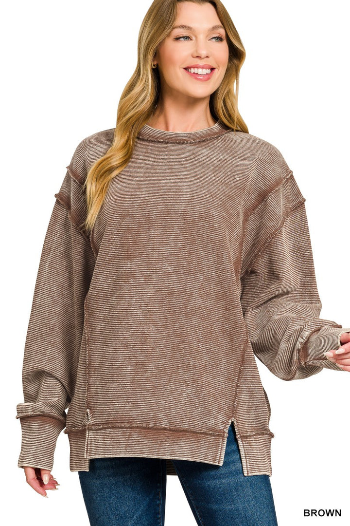 Brown Zenana Acid Washed Double Ribbed Exposed Seam Sweatshirt 2