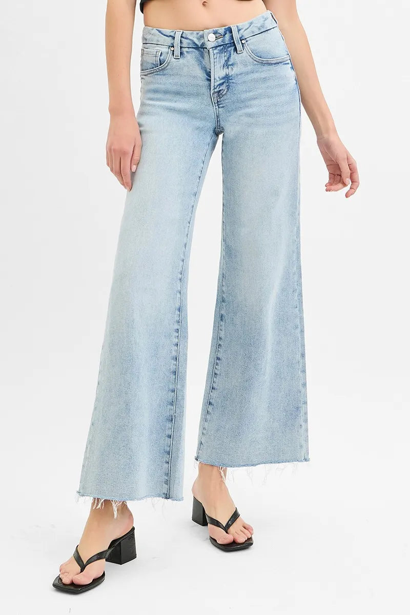 Light Risen Full Size Tummy Control Low Rise Wide Leg Raw Cut Hem Jeans Plus Size