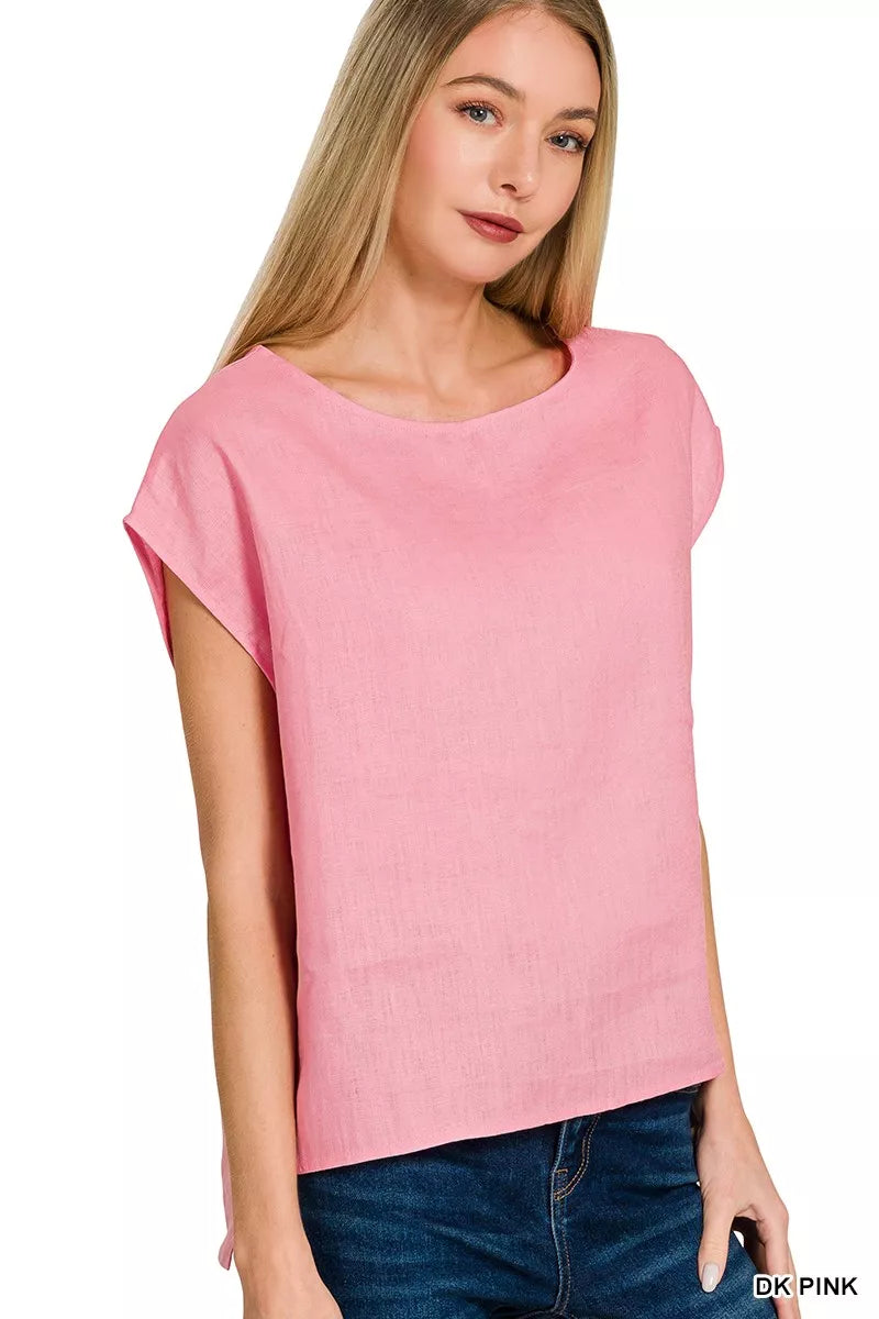 Dk Pink Zenana Linen Round Neck Cap Sleeve Top