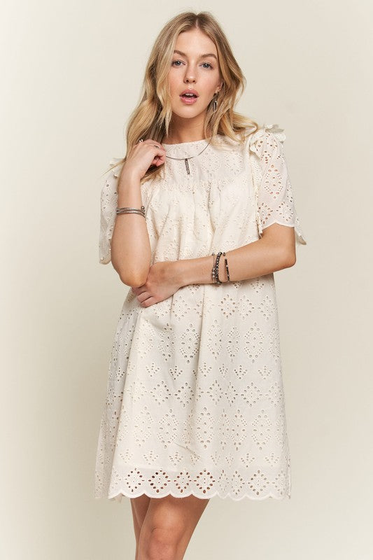 NATURAL Adora Ruffled Eyelet Round Neck Dress