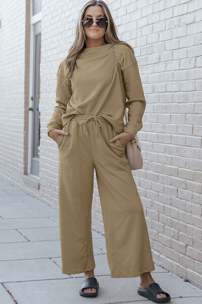 Black Double Take Full Size Textured Long Sleeve Top And Drawstring Pants Set