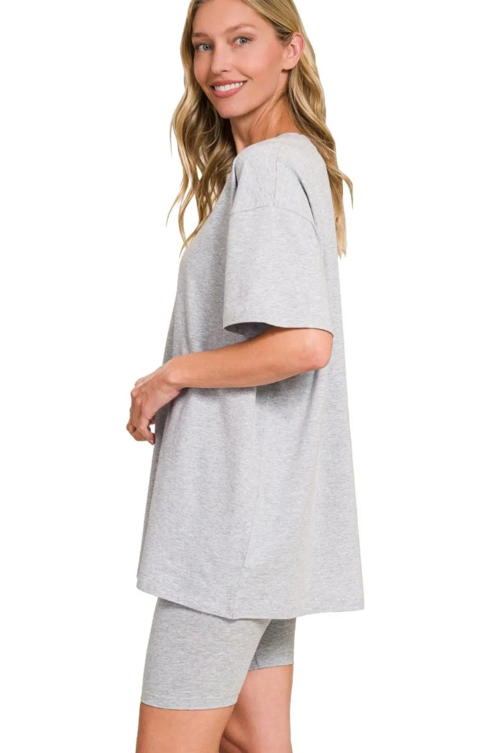 H Grey Zenana Cotton Round Neck Top Biker Shorts 4