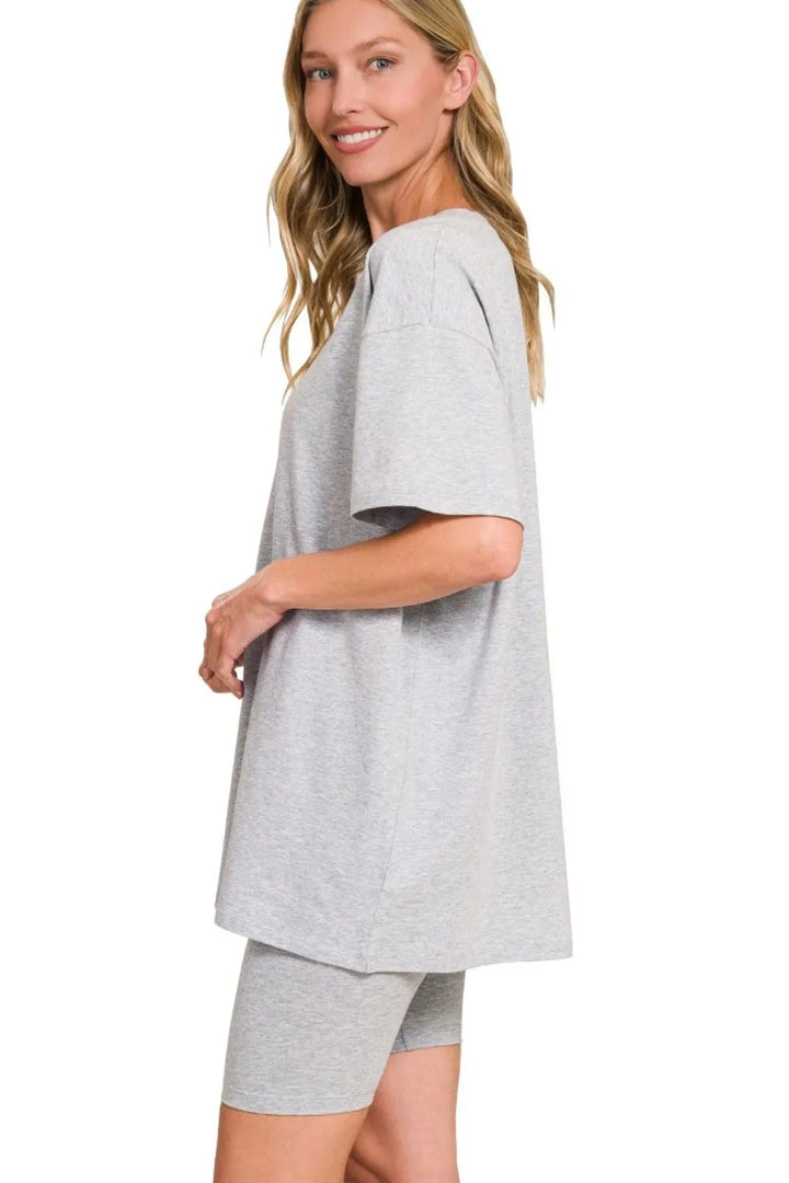 H Grey Zenana Cotton Round Neck Top Biker Shorts 4